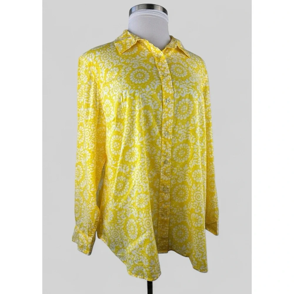 NWT Talbots Sheer Yellow White Print Button Blouse Plus Size 3Xp 3X Petite Top - Picture 2 of 14